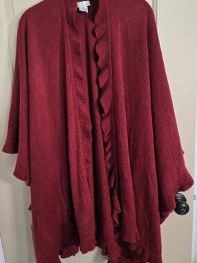 Midi Cape/Shawl/Cardigan Ruffled Edges Burgundy One Size by Collectioneighteen